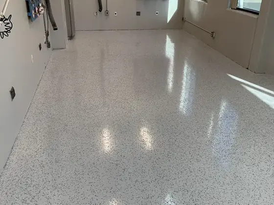 Bright residential flake garage floor by Epoxy Pros