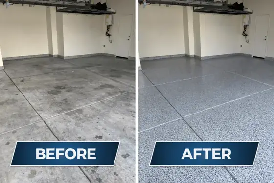 Before and after garage floor coating project