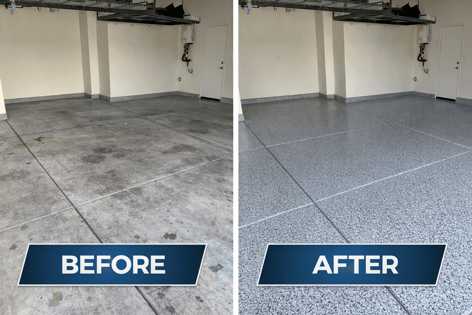 Before and after garage floor coating project